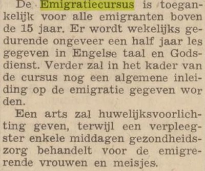 Advertentie voor een emigratiecurus, 1951