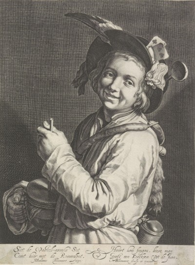Rommelpotspeler, prent van Cornelis Bloemaert naar schilderij van Abraham Bloemaert ca. 1625