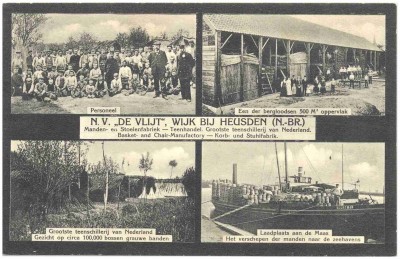 Collage met foto's van manden- en stoelenfabriek de Vlijt. Wijk bij Heusden, 1890/1910