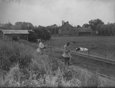 Foto: touwslagers aan het werk tussen de weilanden, Grave 1937 (foto: Fotopersbureau Het Zuiden, collectie BHIC nr. 1638-001635)