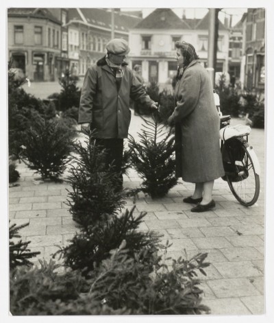 Verkoop van kerstbomen op de Nieuwe Haagdijk, Breda 1962 (foto: H. Chabot, collectie Stadsarchief Breda nr. 19911393)