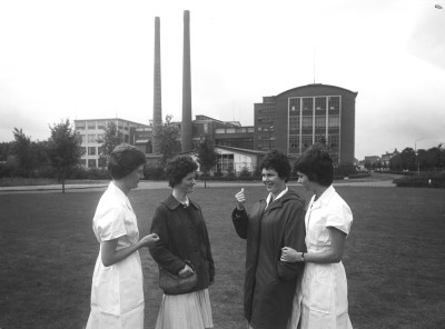 Vrouwelijke werknemers voor de kenmerkende schoorstenen van Jansen de Wit, Schijndel 1961 (foto: Fotopersbureau Het Zuiden, collectie BHIC nr. 1632-004209)