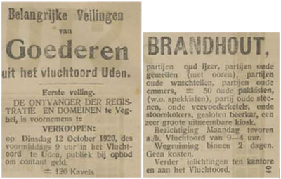 Veiling goederen Vluchtoord, Provinciale Noordbrabantsche en 's Hertogenbossche courant, 09-10-1920 (bron: Delpher.nl)