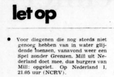 krantenartikel met Let op inwoners Mill: Spel zonder Grenzen vanavond op tv. 