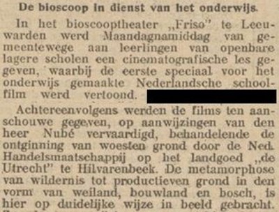 Artikel over de eerste onderwijsfilm, Nieuwsblad van het Noorden 8-9-1912 (bron: Delpher)
