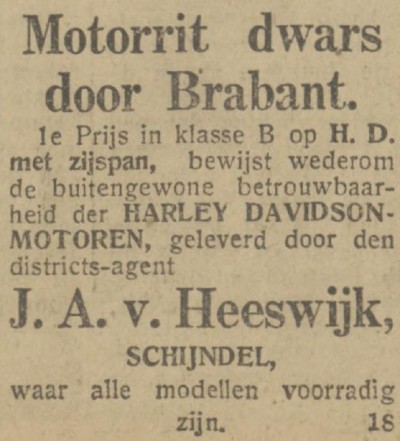 Advertentie Van Heeswijk Harley Davidson-motoren, PNHC 15-07-1921