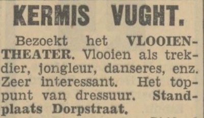 Vlooientheater op de kermis, Vught 1933 (bron: Provinciale Noordbrabantsche en Hertogenbossche Courant 5-8-1933 via Delpher)