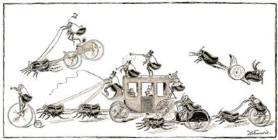 Prent 'Vlooiencircus' uit St. Nicholas Magazine, Verenigde Staten 1886 (prent: Charles Fredrick Holder via Wikimedia Commons, publiek domein)
