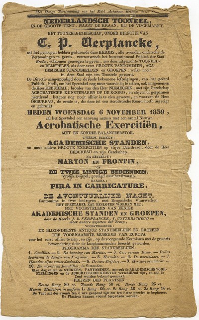 Strooibiljet voor een toneelvoorstelling in de groote tent, naast de kraan, bij de vischmarkt, tijdens de najaarskermis, Breda 1839 (bron: collectie Stedelijk Museum Breda nr. ST04078)
