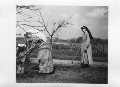 Werken in de tuin van de Gertrudishof, Sint-Michielsgestel 1955 (foto: Erfgoedcentrum Nederlands Kloosterleven, archief Dochters van Maria en Joseph (AR-Z032), inv.nrs 833 en 890)