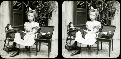 Kind Marguerite Dor met speelgoedpop.